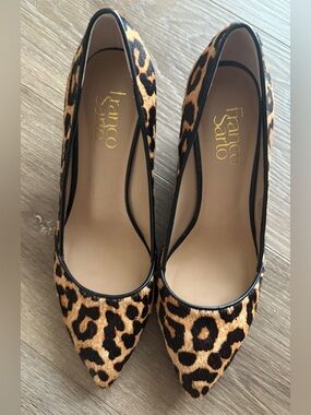 Franco Sarto Leopard Calf Hair Pointed Toe Low Wedge Heels Size 7.5